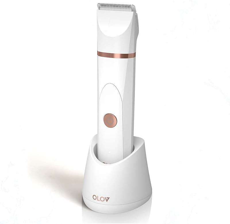 OLOV Electric Body Hair Trimmer - Groin Trimmer for Men - Bikini Trimmer Women - Wet/Dry Shaver Groomer, Replaceable Ceramic Blade Heads, USB Recharge Dock, Waterproof Hygiene Razor, White - Image 1