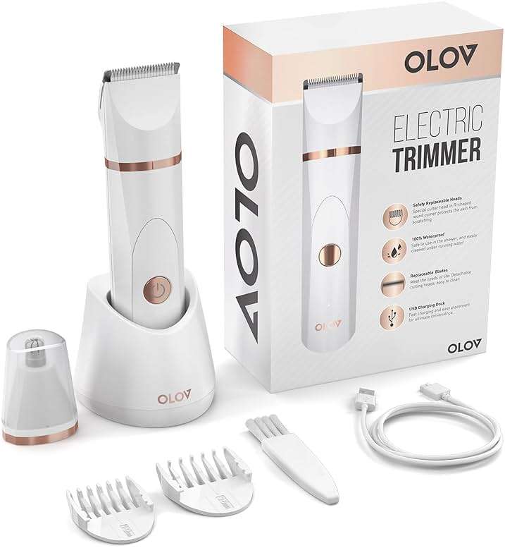 OLOV Electric Body Hair Trimmer - Groin Trimmer for Men - Bikini Trimmer Women - Wet/Dry Shaver Groomer, Replaceable Ceramic Blade Heads, USB Recharge Dock, Waterproof Hygiene Razor, White - Image 2