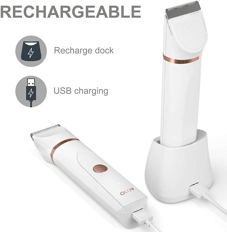 OLOV Electric Body Hair Trimmer - Groin Trimmer for Men - Bikini Trimmer Women - Wet/Dry Shaver Groomer, Replaceable Ceramic Blade Heads, USB Recharge Dock, Waterproof Hygiene Razor, White - Image 5