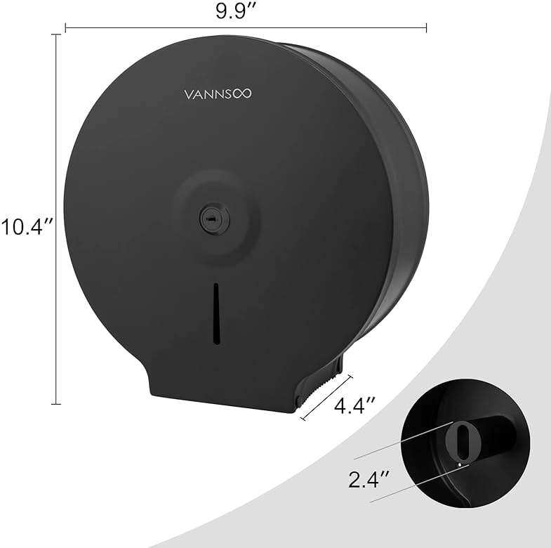 VANNSOO Commercial Jumbo Toilet Paper Dispenser, Wall Mount Stainless Steel 9 Inch Roll Toilet Paper Holder Bath Tissue Dispenser with Lock Key (Black) - Image 3