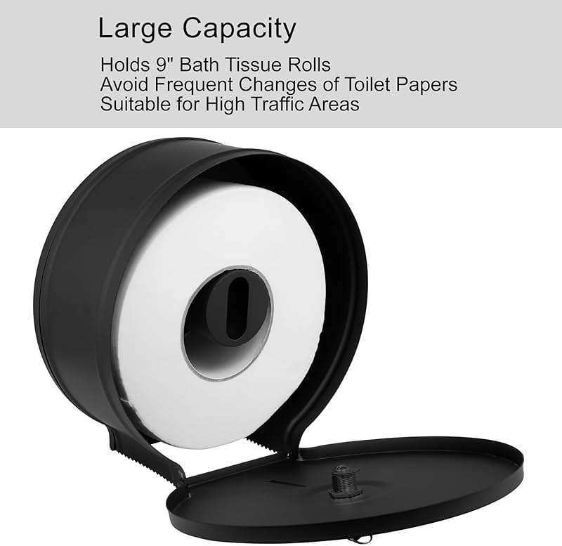 VANNSOO Commercial Jumbo Toilet Paper Dispenser, Wall Mount Stainless Steel 9 Inch Roll Toilet Paper Holder Bath Tissue Dispenser with Lock Key (Black) - Image 5