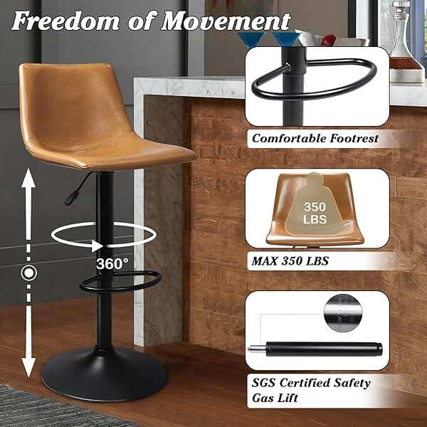 Waleaf Adjustable Swivel Bar Stools Set of 2, Modern Counter Height Barstools with Ergonomic Backrest, 350LBS PU Leather Bar Chairs for Kitchen Island,Larger Metal Base Upholstered Pub Barstool - Image 4