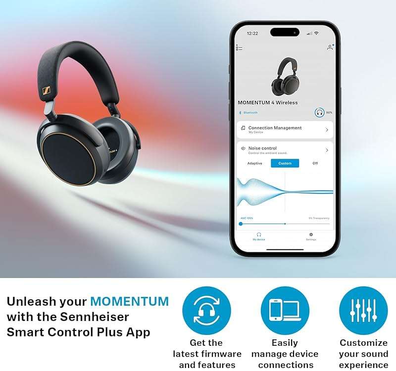 Sennheiser Momentum 4 Wireless Noise Cancelling Headphones - Bluetooth Headset for Crystal-Clear Calls with Adaptive Noise Cancellation, Over-Ear Headphones, 60h Battery Life, Folding Design, Black - Image 3
