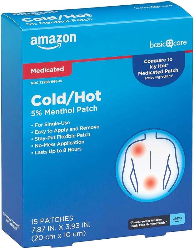 Amazon Basic Care Maximum Strength Pain Relieving Medicated Cold Hot 5% Menthol Patch for Muscle and Joint Pain Relief, 7.87" x 3.93", 15-Count Box (Previously HealthWise) - Image 1