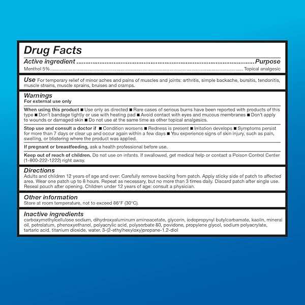 Amazon Basic Care Maximum Strength Pain Relieving Medicated Cold Hot 5% Menthol Patch for Muscle and Joint Pain Relief, 7.87" x 3.93", 15-Count Box (Previously HealthWise) - Image 2