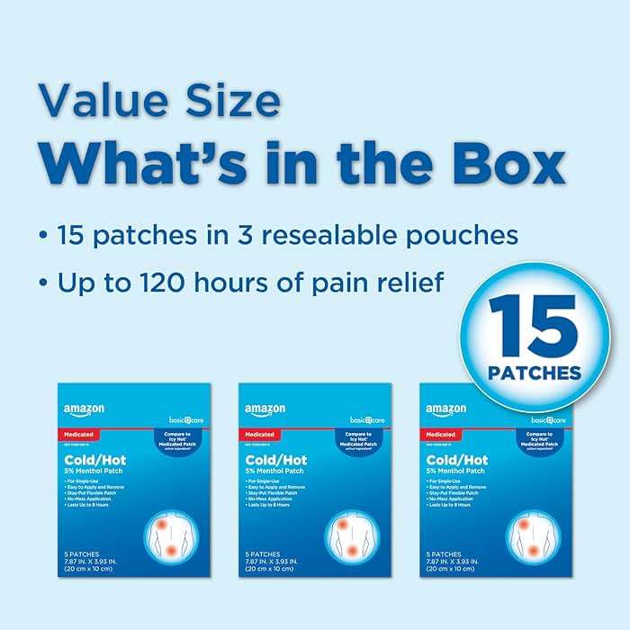 Amazon Basic Care Maximum Strength Pain Relieving Medicated Cold Hot 5% Menthol Patch for Muscle and Joint Pain Relief, 7.87" x 3.93", 15-Count Box (Previously HealthWise) - Image 7