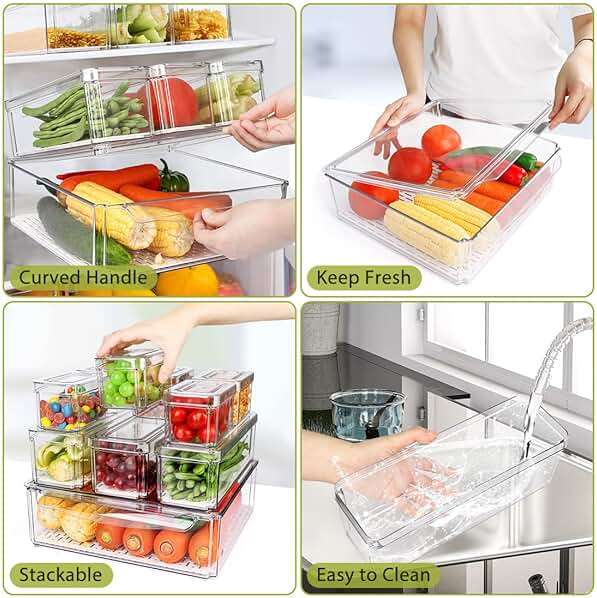 10 Pack Refrigerator Pantry Organizer Bins, Stackable Fridge Organizer Bins with Lids, Clear Plastic Food Storage Bins for Kitchen, Countertops, Cabinets, Fridge, Drinks, Fruits, Vegetable, Cereals - Image 5
