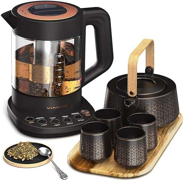 Viante Luxury Tea Set, Electric Kettle with Infuser, No Plastic In Contact With Water, 1.5L Borosilicate Glass, Ceramic Teapot, 4 Ceramic Cups, Bamboo Tray, Gift Box for Tea Lovers - Image 1
