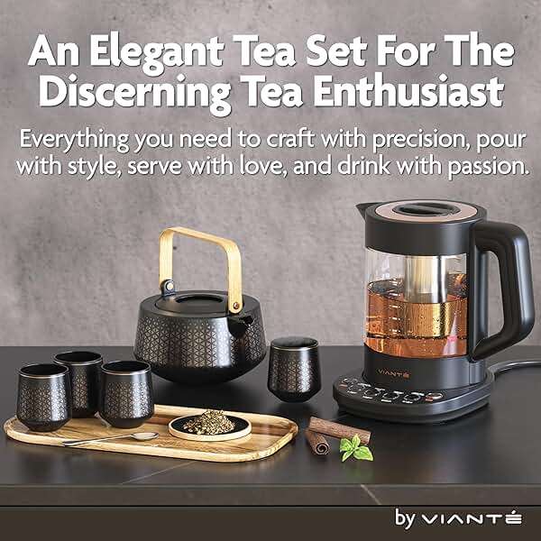 Viante Luxury Tea Set, Electric Kettle with Infuser, No Plastic In Contact With Water, 1.5L Borosilicate Glass, Ceramic Teapot, 4 Ceramic Cups, Bamboo Tray, Gift Box for Tea Lovers - Image 2