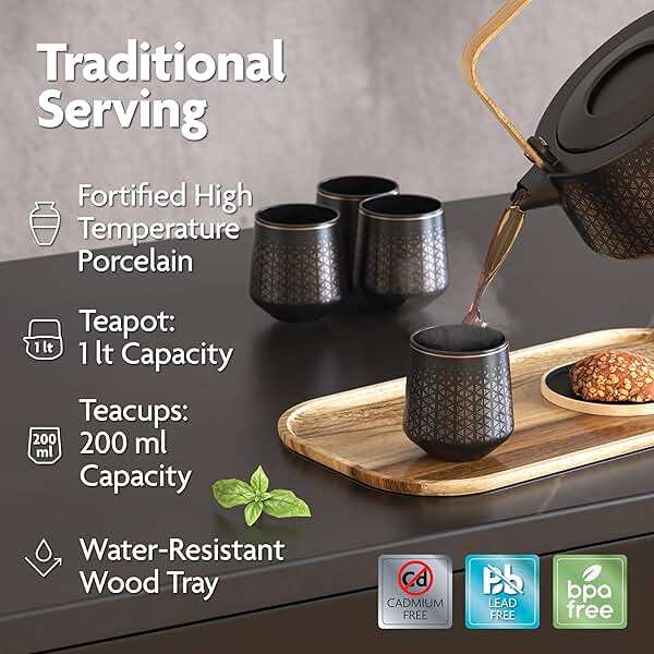 Viante Luxury Tea Set, Electric Kettle with Infuser, No Plastic In Contact With Water, 1.5L Borosilicate Glass, Ceramic Teapot, 4 Ceramic Cups, Bamboo Tray, Gift Box for Tea Lovers - Image 7