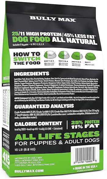 Bully Max 25/11 High Protein & Low Fat Dry Lamb Dog Food for Puppies and Adult Dogs - Chicken-Free Lamb Flavor - Natural Puppy Food for All Ages, Small and Large Breeds - Large Kibble Size, 15 lb. Bag - Image 4