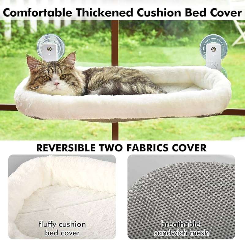 AMOSIJOY Cordless Cat Window Perch, Window Hammock for Cats with 4 Strong Suction Cups, Solid Metal Frame and Soft Cover, Indoor Cat Bed - Image 5
