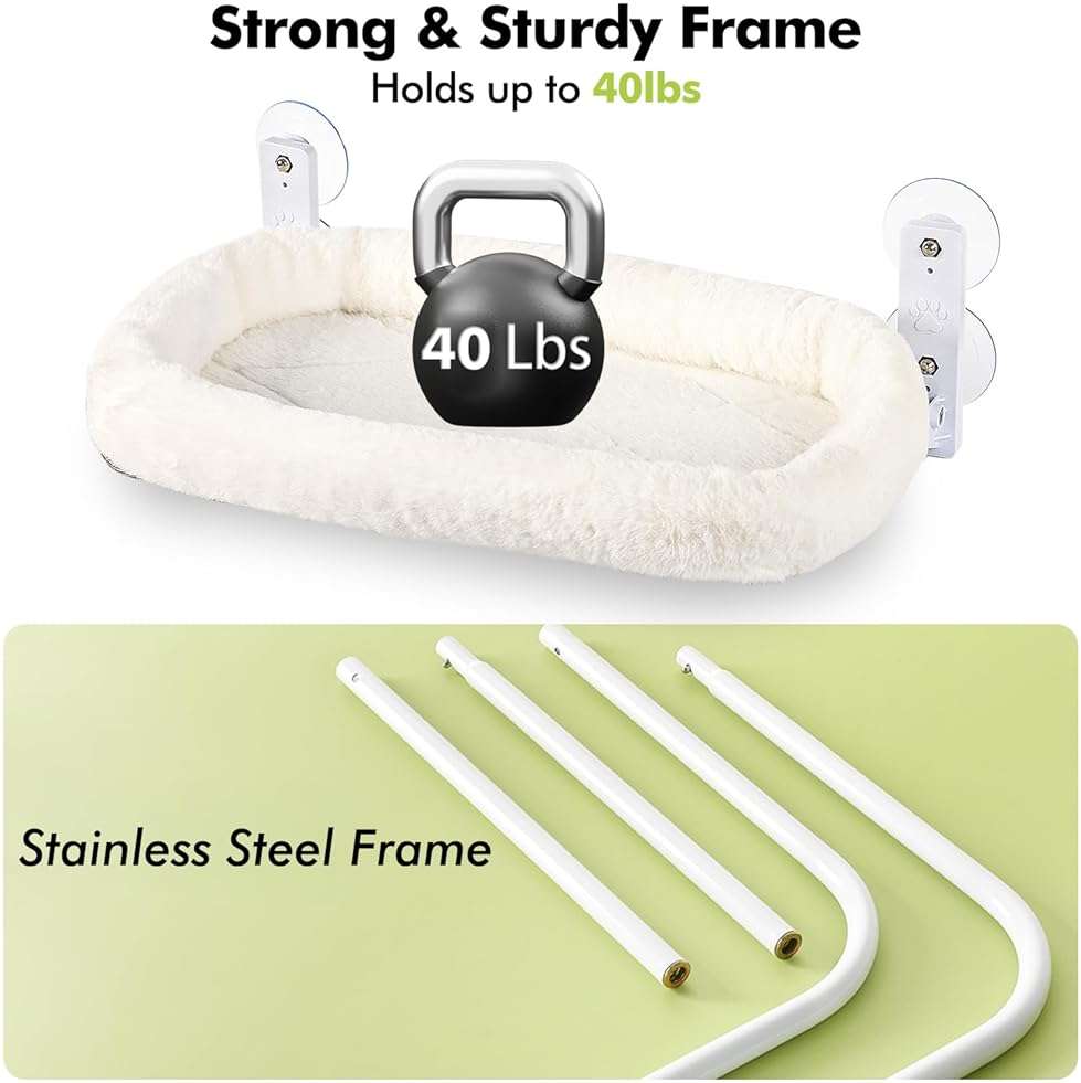 AMOSIJOY Cordless Cat Window Perch, Window Hammock for Cats with 4 Strong Suction Cups, Solid Metal Frame and Soft Cover, Indoor Cat Bed - Image 6