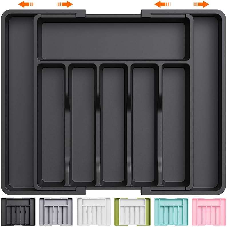 Lifewit Silverware Drawer Organizer, Expandable Utensil Tray for Kitchen, BPA Free Flatware and Cutlery Holder, Adjustable Plastic Storage for Spoons Forks Knives, 13-22 x 15", Black - Image 1