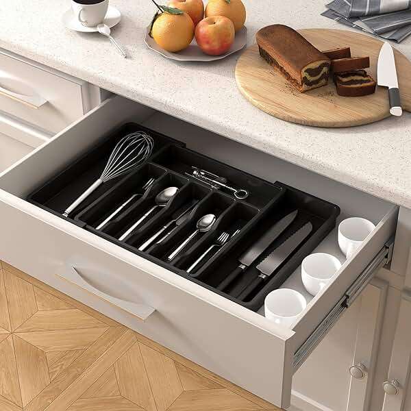 Lifewit Silverware Drawer Organizer, Expandable Utensil Tray for Kitchen, BPA Free Flatware and Cutlery Holder, Adjustable Plastic Storage for Spoons Forks Knives, 13-22 x 15", Black - Image 2