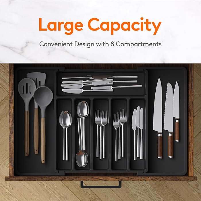 Lifewit Silverware Drawer Organizer, Expandable Utensil Tray for Kitchen, BPA Free Flatware and Cutlery Holder, Adjustable Plastic Storage for Spoons Forks Knives, 13-22 x 15", Black - Image 3