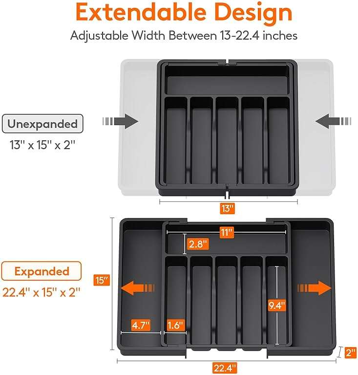 Lifewit Silverware Drawer Organizer, Expandable Utensil Tray for Kitchen, BPA Free Flatware and Cutlery Holder, Adjustable Plastic Storage for Spoons Forks Knives, 13-22 x 15", Black - Image 4