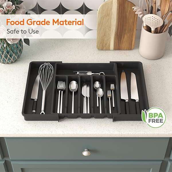 Lifewit Silverware Drawer Organizer, Expandable Utensil Tray for Kitchen, BPA Free Flatware and Cutlery Holder, Adjustable Plastic Storage for Spoons Forks Knives, 13-22 x 15", Black - Image 8