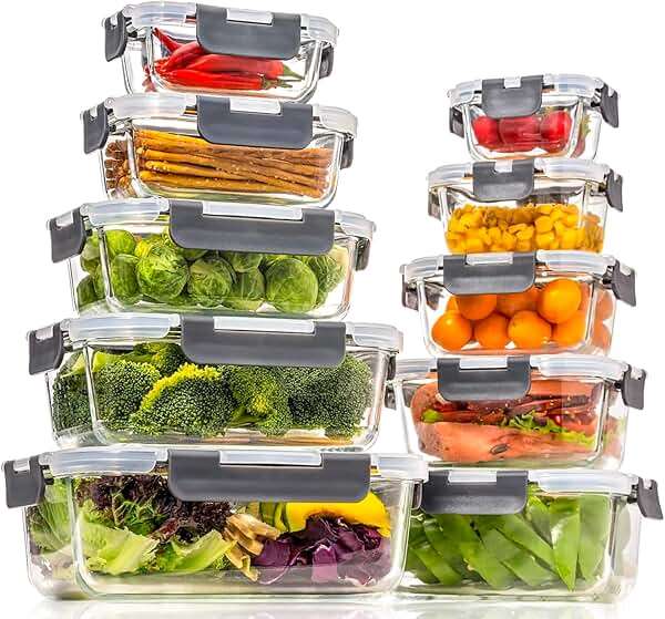 coccot Glass Food Storage Containers with Lids Airtight, Glass Meal Prep Containers for Lunch Food, Container Set, Easy to Open& Close/Microwave,Oven,Freezer,Dishwasher Safe/Leak-Proof（20 Pieces） - Image 1