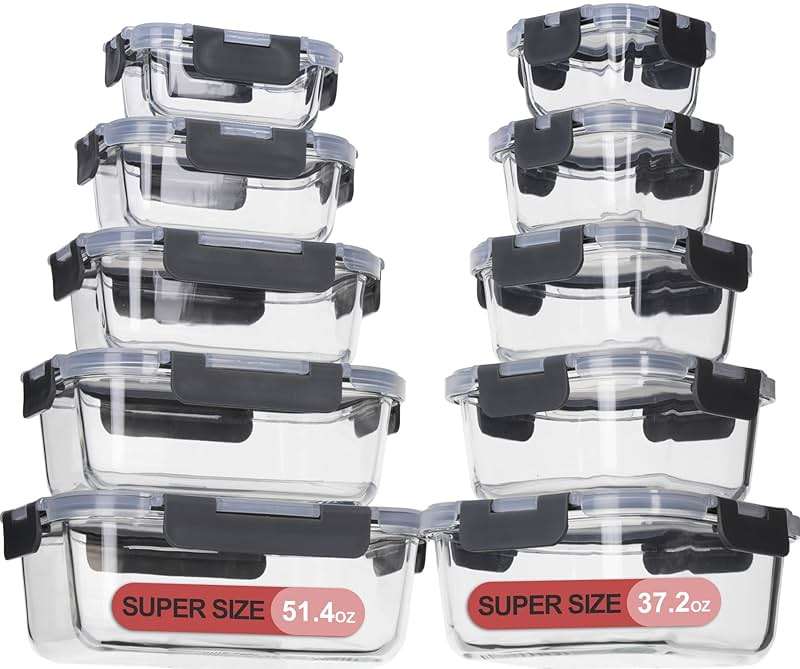 coccot Glass Food Storage Containers with Lids Airtight, Glass Meal Prep Containers for Lunch Food, Container Set, Easy to Open& Close/Microwave,Oven,Freezer,Dishwasher Safe/Leak-Proof（20 Pieces） - Image 8