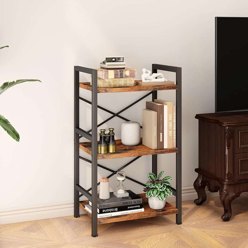 Homeiju Bookshelf, 3 Tier Industrial Bookcase, Metal Small Bookcase, Rustic Etagere Book Shelf Storage Organizer for Living Room, Bedroom, and Home Office(Rustic Brown) Patent Pending D29873033 - Image 2