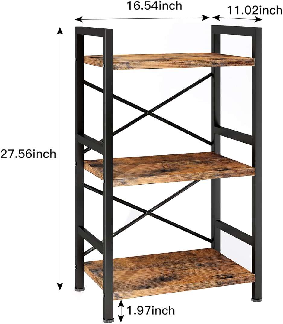 Homeiju Bookshelf, 3 Tier Industrial Bookcase, Metal Small Bookcase, Rustic Etagere Book Shelf Storage Organizer for Living Room, Bedroom, and Home Office(Rustic Brown) Patent Pending D29873033 - Image 3