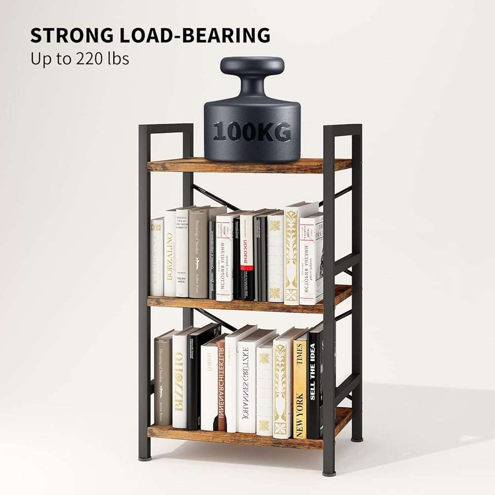 Homeiju Bookshelf, 3 Tier Industrial Bookcase, Metal Small Bookcase, Rustic Etagere Book Shelf Storage Organizer for Living Room, Bedroom, and Home Office(Rustic Brown) Patent Pending D29873033 - Image 7