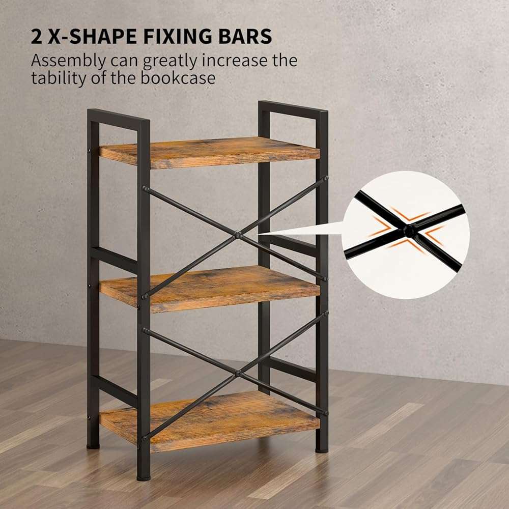 Homeiju Bookshelf, 3 Tier Industrial Bookcase, Metal Small Bookcase, Rustic Etagere Book Shelf Storage Organizer for Living Room, Bedroom, and Home Office(Rustic Brown) Patent Pending D29873033 - Image 8