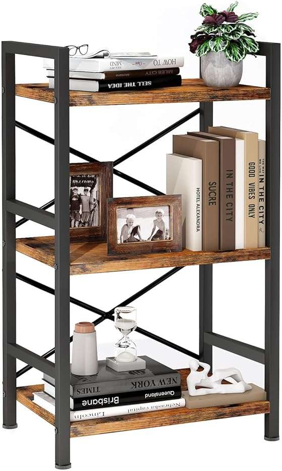 Homeiju Bookshelf, 3 Tier Industrial Bookcase, Metal Small Bookcase, Rustic Etagere Book Shelf Storage Organizer for Living Room, Bedroom, and Home Office(Rustic Brown) Patent Pending D29873033 - Image 9