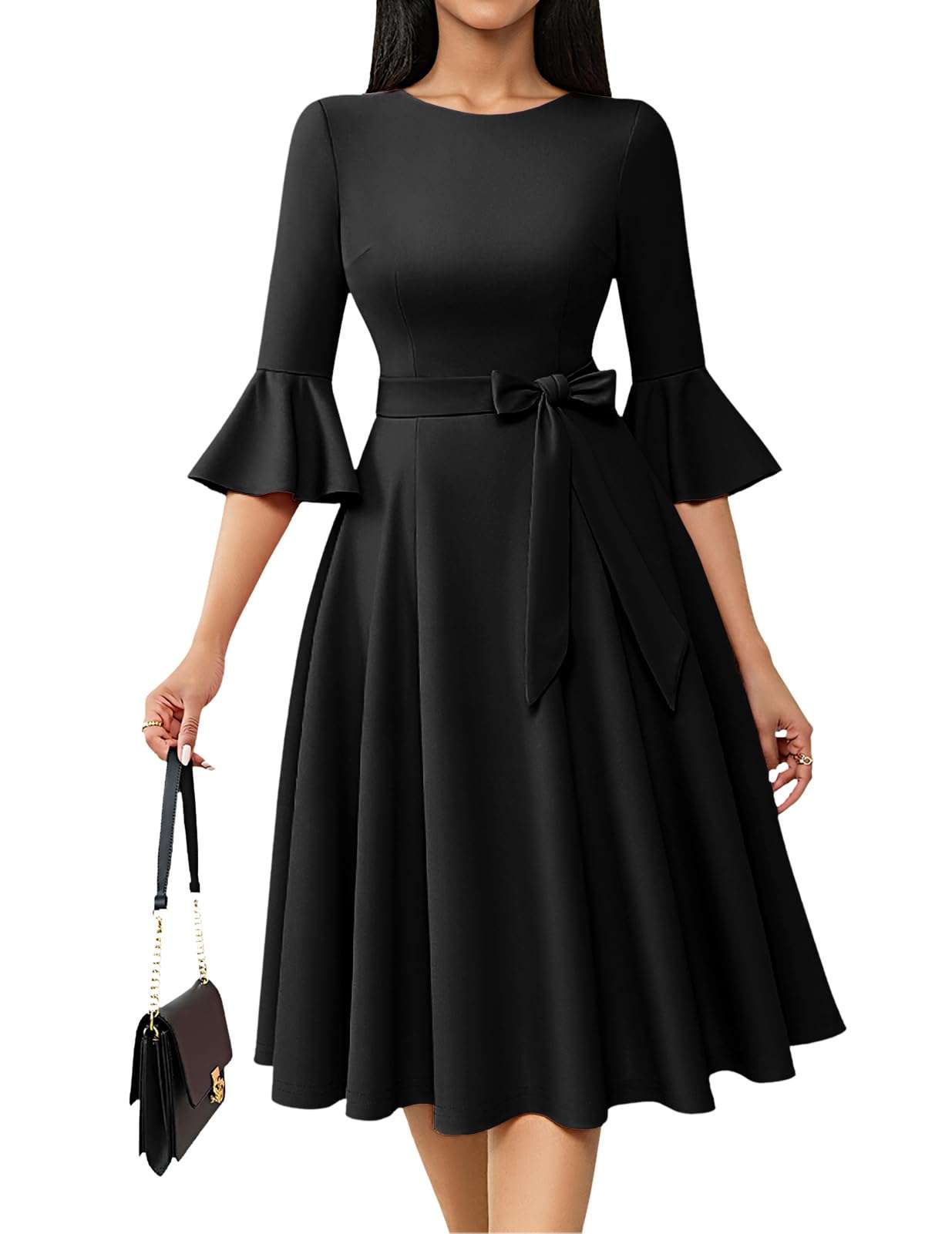 HomRain Women's Church Dresses Modest Bell Sleeve Wedding Guest Cocktail Tea Party Vintage Evening Dress - Image 1