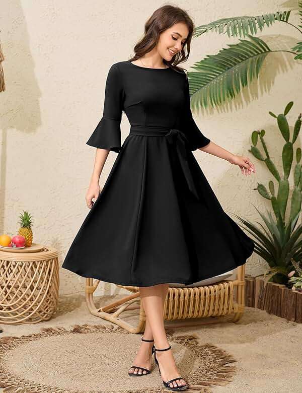 HomRain Women's Church Dresses Modest Bell Sleeve Wedding Guest Cocktail Tea Party Vintage Evening Dress - Image 2
