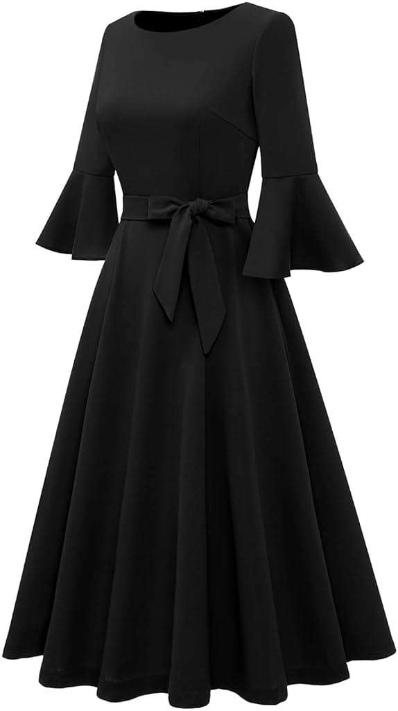 HomRain Women's Church Dresses Modest Bell Sleeve Wedding Guest Cocktail Tea Party Vintage Evening Dress - Image 6