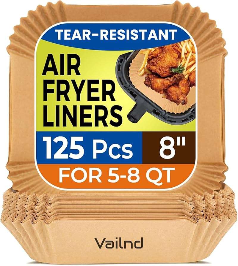 Air Fryer Paper Liners, 125Pcs Parchment Paper, Air Fryer Liners Disposable for Microwave, Non-Stick Air Fryer Liner Square Free of Bleach (8IN) - Image 1