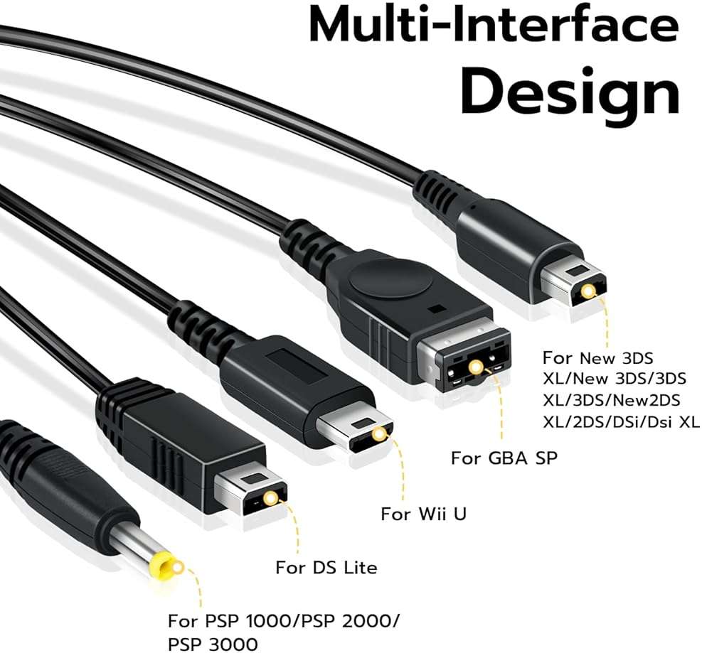 Mcbazel 5 in 1 USB Charging Cable for Nintendo DS Lite/NDS/New 3DS XL/New 3DS/3DS XL/3DS/2DS/DSi XL/Wii U/GBA SP(Gameboy Advance SP)/PSP 1000/2000/3000 Multi-Functional USB Fast Charger Cable-3.9FT - Image 3