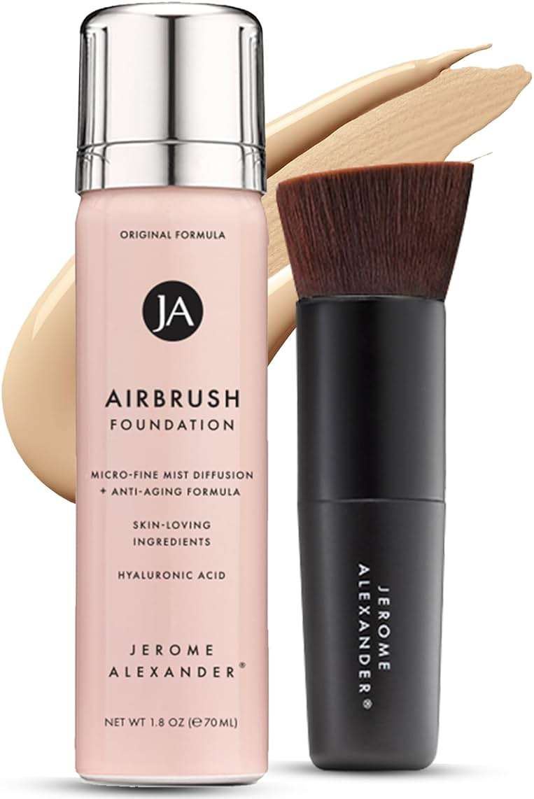 Jerome Alexander MagicMinerals AirBrush Foundation – 2 Piece Set with Airbrush Foundation and Kabuki Brush - Spray Makeup with Anti-aging Ingredients for Smooth Radiant Skin - Light Medium - Image 1