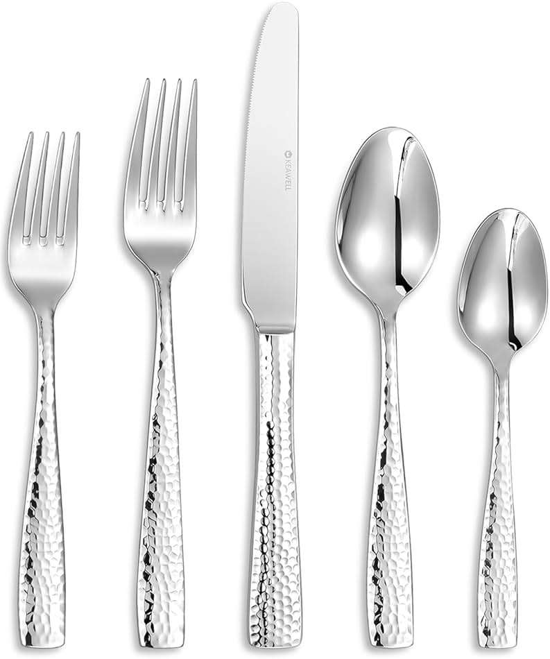 KEAWELL Premium 20/45/65 Piece Louis Hammered Silverware Set with Squared Edge, 18/10 Stainless Steel, Service for 4/8/12, Fine Flatware Set, Dishwasher Safe (20) - Image 1