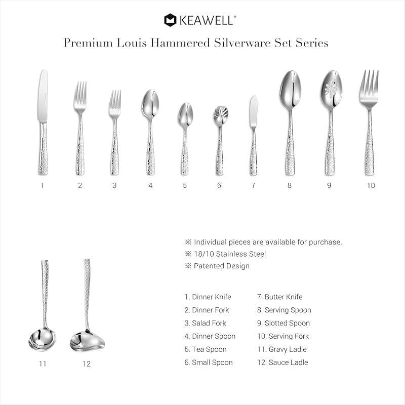 KEAWELL Premium 20/45/65 Piece Louis Hammered Silverware Set with Squared Edge, 18/10 Stainless Steel, Service for 4/8/12, Fine Flatware Set, Dishwasher Safe (20) - Image 9