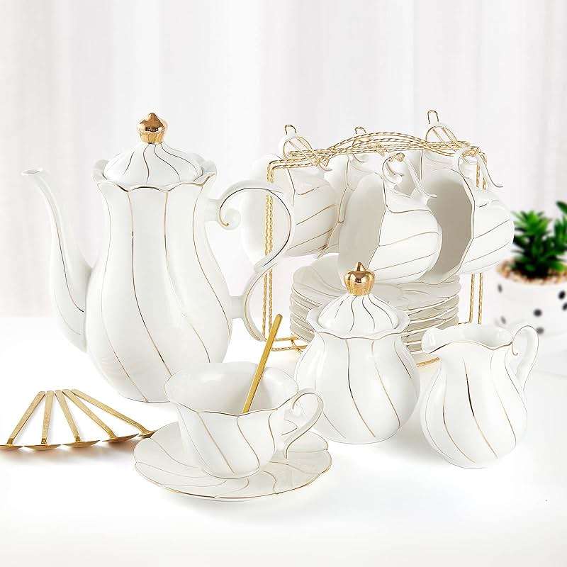 DUJUST 22pcs Porcelain Tea Set with Golden Trim, British Tea Set - White - Image 1
