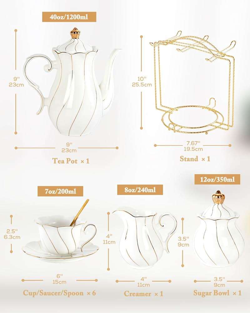 DUJUST 22pcs Porcelain Tea Set with Golden Trim, British Tea Set - White - Image 2