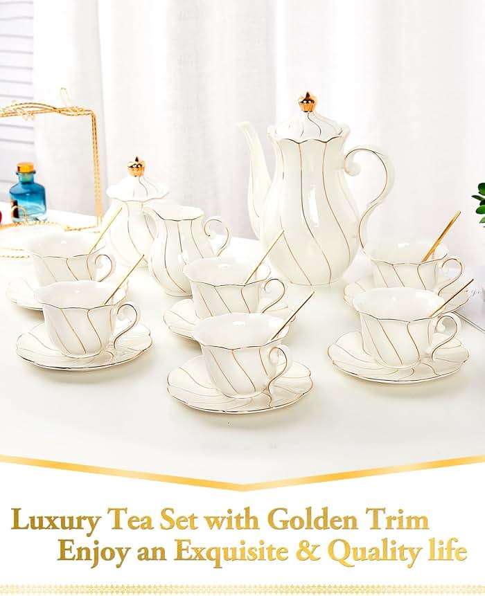 DUJUST 22pcs Porcelain Tea Set with Golden Trim, British Tea Set - White - Image 4