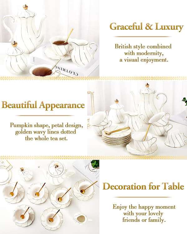 DUJUST 22pcs Porcelain Tea Set with Golden Trim, British Tea Set - White - Image 5