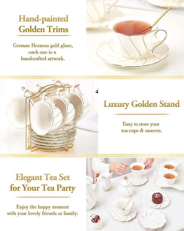 DUJUST 22pcs Porcelain Tea Set with Golden Trim, British Tea Set - White - Image 6