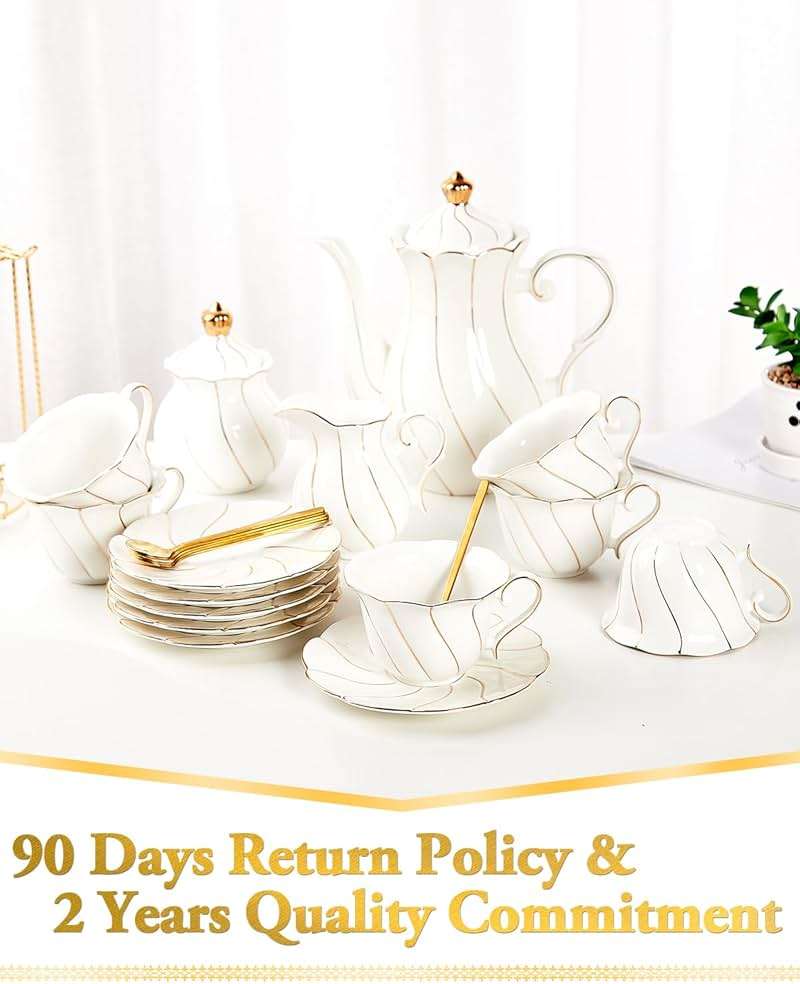 DUJUST 22pcs Porcelain Tea Set with Golden Trim, British Tea Set - White - Image 7