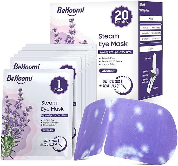BeHoomi 20 Packs Steam Eye Mask, Heated Eye Mask Warm Compress for Eyes, Disposable Self Heating Steam Mask for Home, Sleep, Spa, Travel Essentials & Relaxation Gifts for Women (Lavender) - Image 1