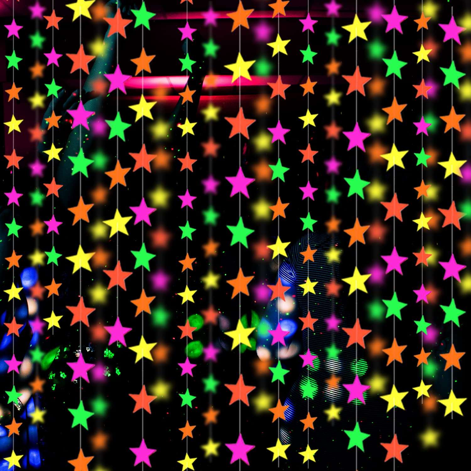 110feet UV Star Paper Neon Garland Streamers Black Light Decorations for Dark Glow Party UV Reactive Party Favors Glow in The Dark Supplies Wedding Birthday Banners - Image 1