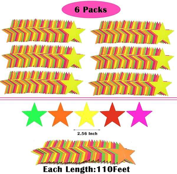 110feet UV Star Paper Neon Garland Streamers Black Light Decorations for Dark Glow Party UV Reactive Party Favors Glow in The Dark Supplies Wedding Birthday Banners - Image 6