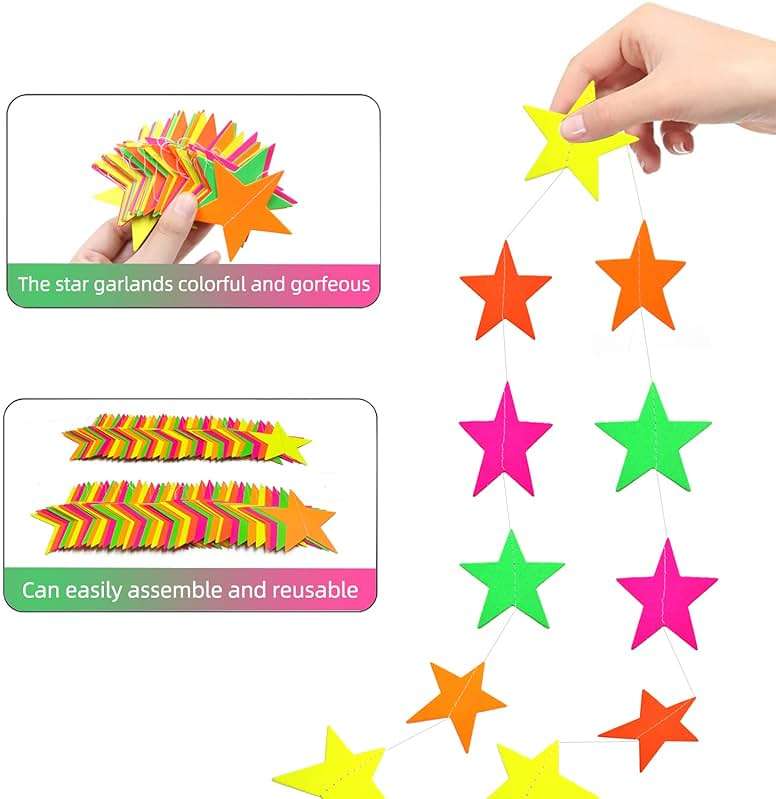 110feet UV Star Paper Neon Garland Streamers Black Light Decorations for Dark Glow Party UV Reactive Party Favors Glow in The Dark Supplies Wedding Birthday Banners - Image 7