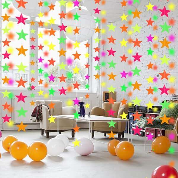 110feet UV Star Paper Neon Garland Streamers Black Light Decorations for Dark Glow Party UV Reactive Party Favors Glow in The Dark Supplies Wedding Birthday Banners - Image 8