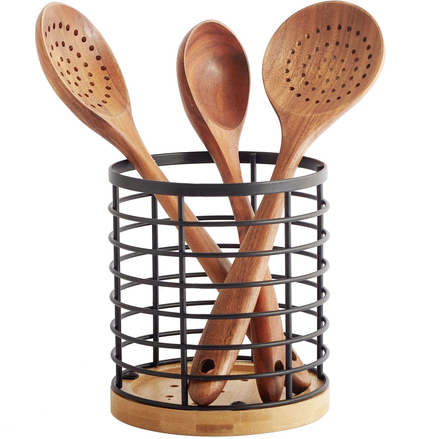 WDT Tool Utensil holder for Kitchen Counter - 5.2" x 5.2" x 6" Large Round with Wooden Base Matte Black Cooking Utensil Holder Utensil Organizer (Metal+Bamboo) - Image 1