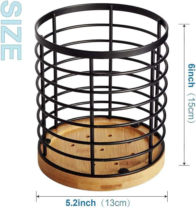 WDT Tool Utensil holder for Kitchen Counter - 5.2" x 5.2" x 6" Large Round with Wooden Base Matte Black Cooking Utensil Holder Utensil Organizer (Metal+Bamboo) - Image 3